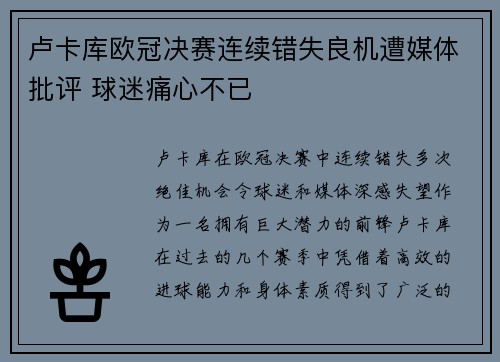 卢卡库欧冠决赛连续错失良机遭媒体批评 球迷痛心不已