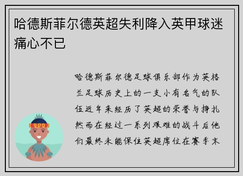 哈德斯菲尔德英超失利降入英甲球迷痛心不已