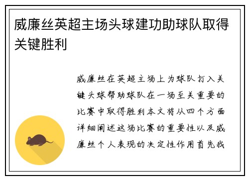 威廉丝英超主场头球建功助球队取得关键胜利